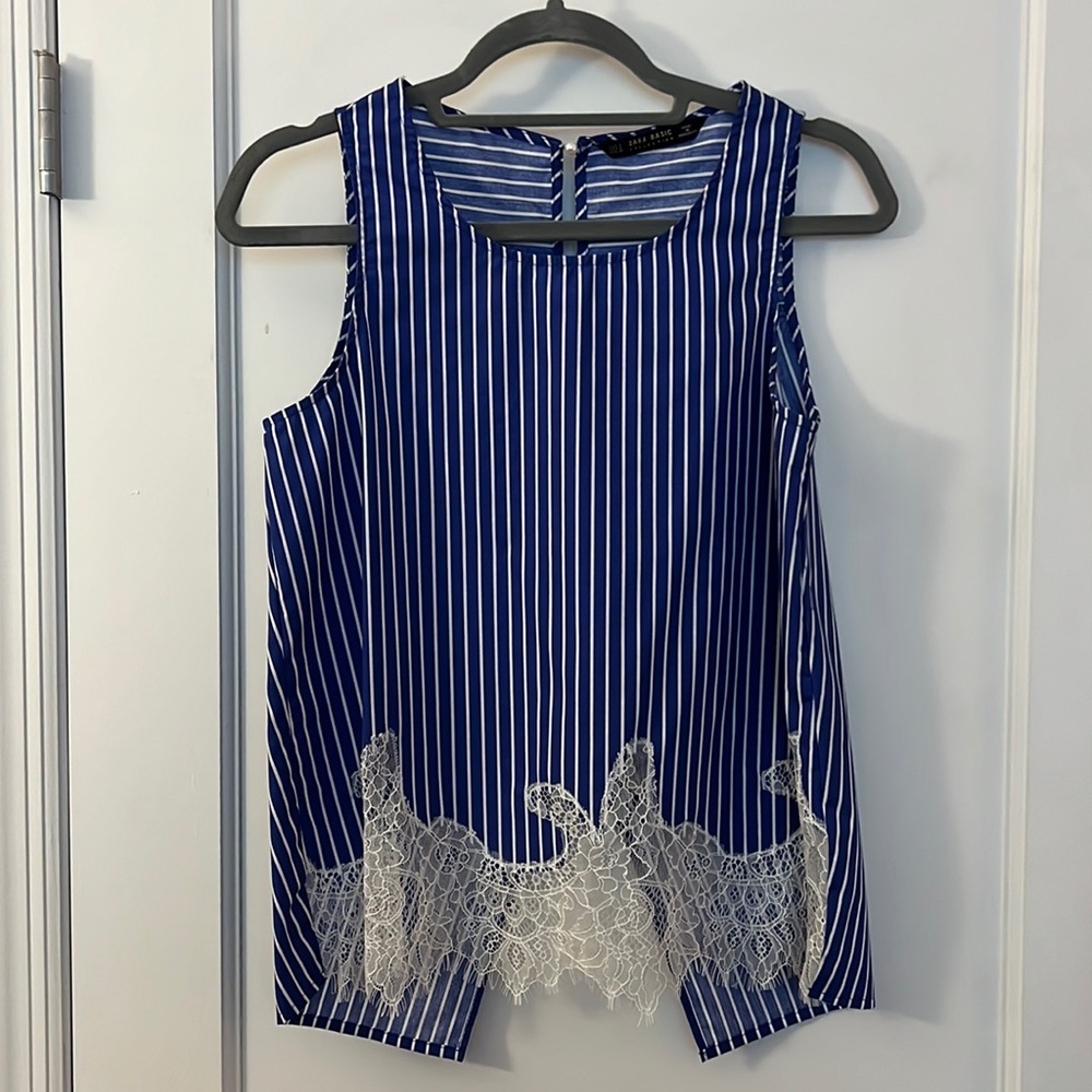 Zara Blue & White Striped Tank with Lace Detailing Size Small